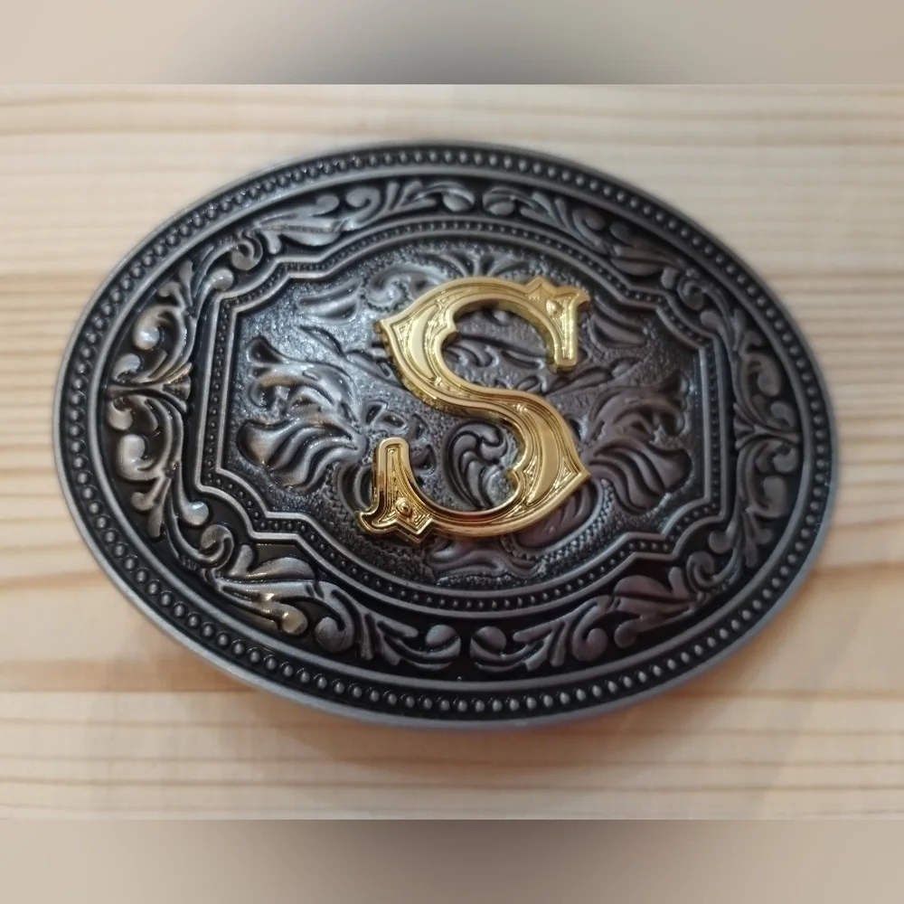 Western Initial “S” Belt Buckle Black Gold Tone Ornate Cowboy Rodeo New